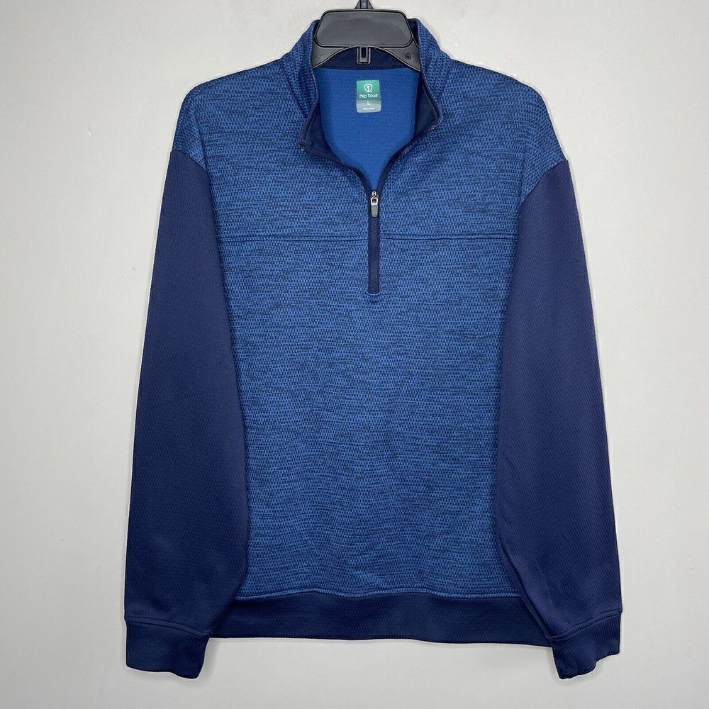 PRO TOUR Pullover Mens Large L Blue Textured 1/4-Zip Hidden Pockets Golf